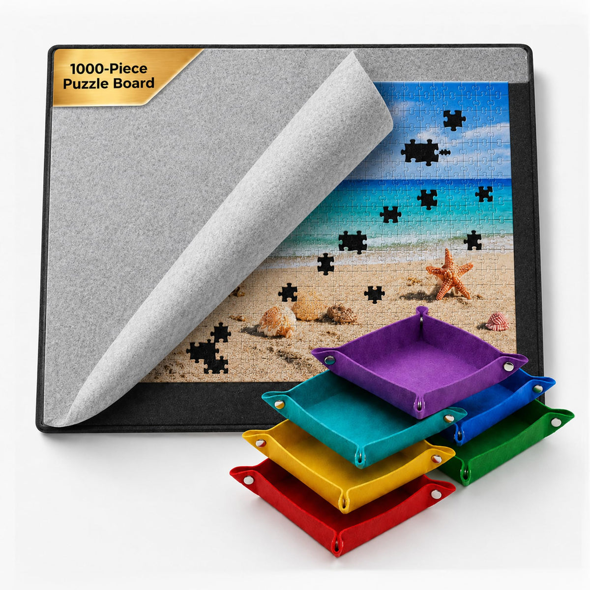 1000 Piece Felt Puzzle Board with Cover - Folding Table, 6 Trays - Image 1
