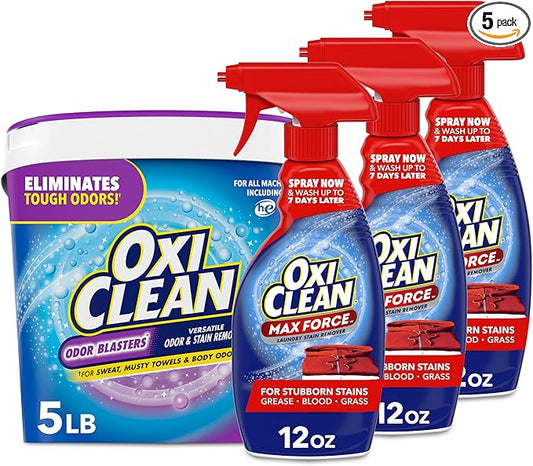 Bundle of OxiClean Odor Blasters Odor & Stain Remover Powder, Laundry Odor Eliminator, 5 Lbs + Oxi Clean Max Force Laundry Stain Remover Spray, 12 Fl. Oz, 3-Pack