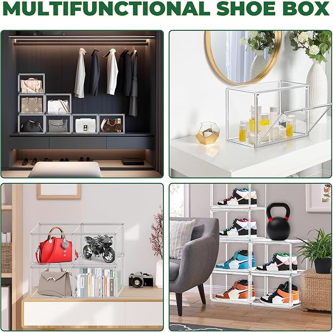 6 Pack Acrylic Shoe Storage Boxes Size 14 X-Large Clear Shoe Hat Containers Sneaker Display Case with Magnetic Door, Easy Assembly