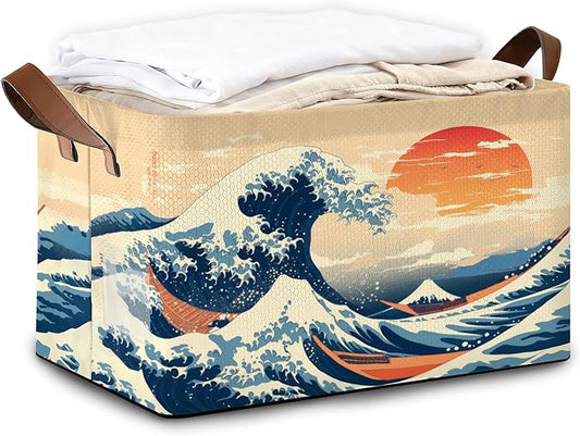 Decorative 32L Japanese Waves Storage Bins with Handles, Organization and Storage, Cube Storage Organizer for Hamper, Nursery