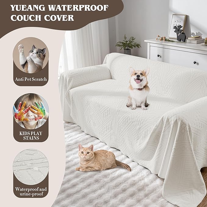 Waterproof Couch Cover, Reversible, Pet-Friendly, Washable and Anti-Slip Couch Covers for Sofa Protection with 3 Cushions, Sofa Slipcovers for Dogs and Cats (71×118in/Beige)