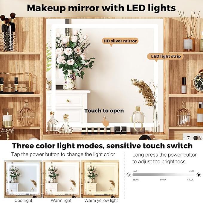 43" Makeup Vanity Desk with Mirror and Lights, & Power Outl, Glass Top Big Vanity Table with 9 Drawers& 8 Storage Shelves, Dressing Table Set with Chair for Bedroom, Oak and White