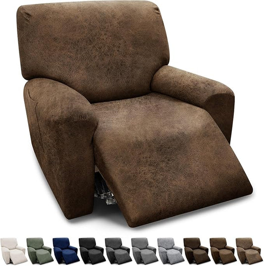 Chair Covers 4-Pieces Recliner Chair Covers 1 Seater Cover for Recliner Chair Leather Look Recliner Slipcovers with Pockets Spandex Fabric Furniture Covers(XL Recliner, Brown)