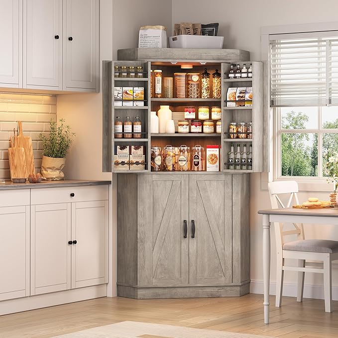Corner Cabinet,71'' Kitchen Pantry Storage Cabinet with 4 Doors and Shelves, Tall Food Pantry Storage Cabinet Farmhouse Furniture for Kitchen Dining Room, Grey