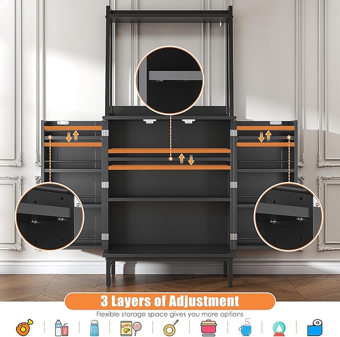51” Pantry Cabinets with Microwave Shelves, Small Kitchen Pantry Storage Cabinet with Adjustable Shelves, Freestanding Buffet Cupboards Sideboard for Kitchen, Dining Room, Living Room Use (Black)