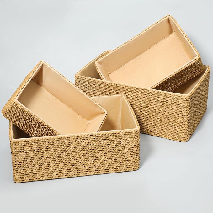 4 Set Wicker Storage Basket Hand Woven Paper Rope Storage Baskets Decorative Fruit Basket Stackable Wicker Baskets for Shelves Drawer Cupboards Organizing