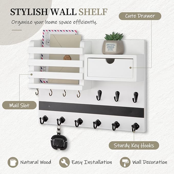 Nekon Key Holder Wall Mount, Rustic Mail and Keys Shelf for Wall Organization with 13 Hooks, Home Decor Accessory with Drawer, White