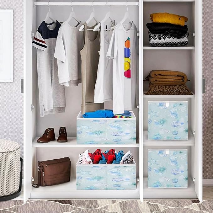 Bolaz Blue Shell Pattern Closet Organizers Storage Cubes Storage Bins Shelf Baskets Containers for Home Room Office,Rectangle