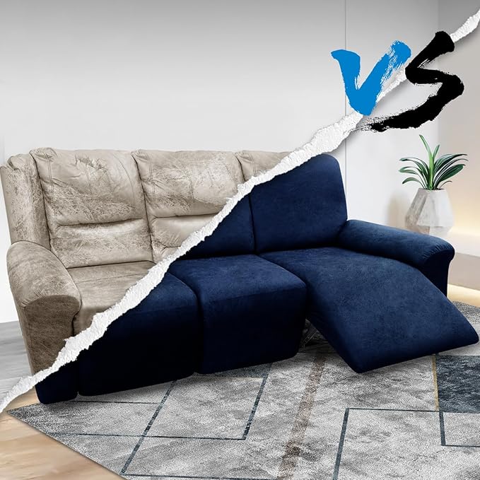 Couch Cover 8-Pieces Sofa Covers Washable Recliner Sofa Covers 3 Seater Leather Look Recliner Slipcovers with Pockets Spandex Fabric Furniture Covers(Recliner Sofa, Navy)