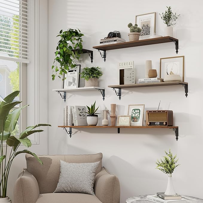 RICHFOCUS Floating Shelves for Wall Decor, 31.5W x 8D Shelves Set of 2, 8" Deep Rustic Wood Floating Shelves Wall Mounted with Metal Brackets, Shelves for Living Room Bedroom Kitchen, Walnut