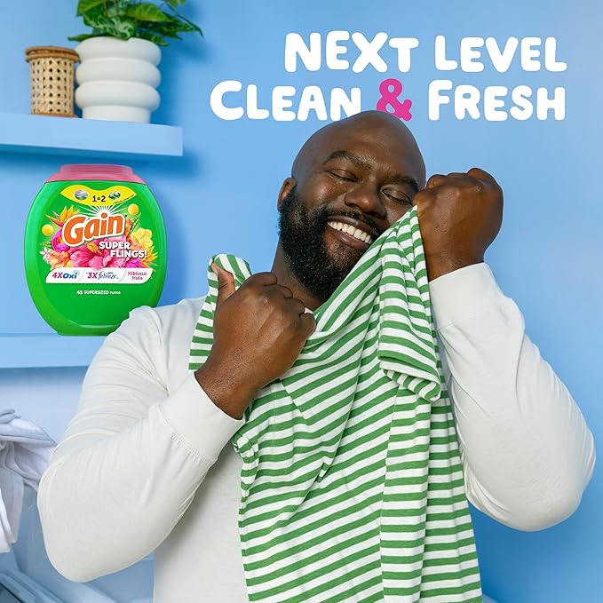 Gain Super Flings Laundry Detergent Pacs, 45 Count, Hibiscus Hula scent, irresistibly clean and fresh washing detergent laundry soap pacs