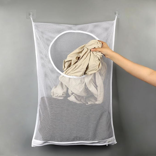 Hanging Laundry Hamper Bag,30x20 Inch Foldable Wall Hanging Laundry Bag,Portable Space Saving Dirty Clothes Bags with 2 Adhesive Hooks for Dirty Clothes Organization Storage (1)