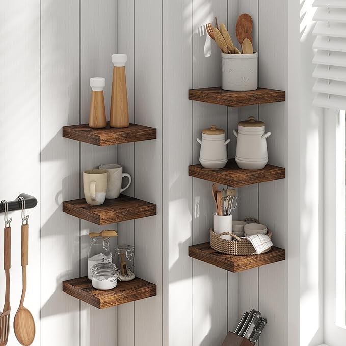 8 Inch Square Floating Shelves for Wall 3 Pack, 8"D Wood Grain Bathroom Shelves with Invisible Brackets, Easy Install Engineered Wood Storage Shelves for Kitchen, Living Room, Rustic Brown Finish