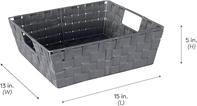 Simplify 2 Pack Large Storage Shelf Totes with Woven Strap in Grey | Decorative | Baskets | Organization | Accessories | Drawer | Desk | Closet | Bathroom | Bedroom | Nursery | Toys | Gifts