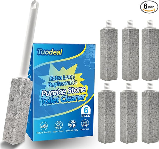 Pumice Stone Toilet Bowl Cleaner with Extra Long Handle - Effortlessly Removes Hard Water Stains, Limescale, Calcium, Rust from Toilets, Bathtubs, Grills, Pools & Sinks, 1 Wand+6 Pumice Stones