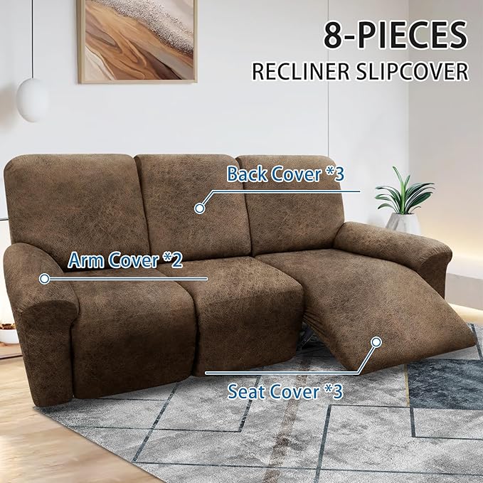 Couch Cover 8-Pieces Sofa Covers Washable Recliner Sofa Covers 3 Seater Leather Look Recliner Slipcovers with Pockets Spandex Fabric Furniture Covers(Recliner Sofa, Light Brown)