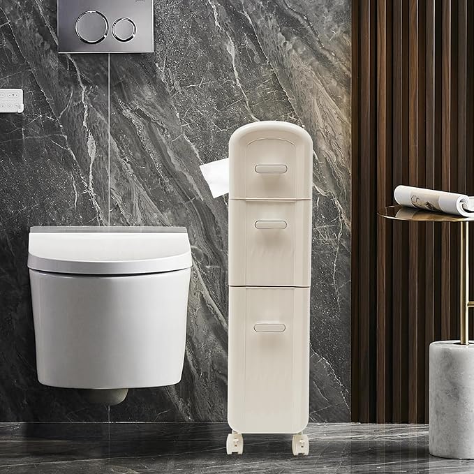 Slim Storage Cabinet, Narrow Towel Cabinet Organizer Bathroom Floor Storage Cabinet with 3 Drawers & 4 Universal Wheels, Freestanding Bathroom Storage Organizer Toilet Paper Holder and Storage