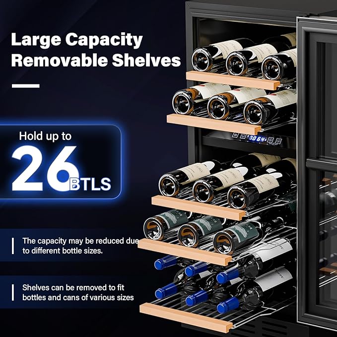 ROVSUN Dual Zone Beverage Refrigerator, 26 Bottle Fridge with Glass Door & Digital Temperature Control, Built-in/Freestanding/Under Counter Wine Cooler Chiller for Champagne, Beer