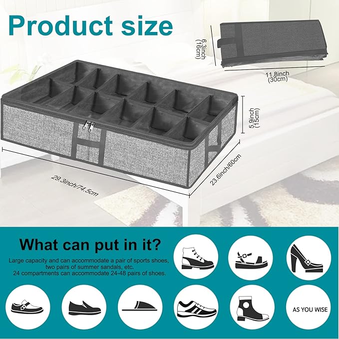 Under Bed Shoe Storage Organizer for Closet 2 Pack- Fits 24 Pairs Underbed Shoes Rack Container Boxes with H Shap Sturdy Handles and Clear Window,Foldable Shoe Rack Holder,Grey