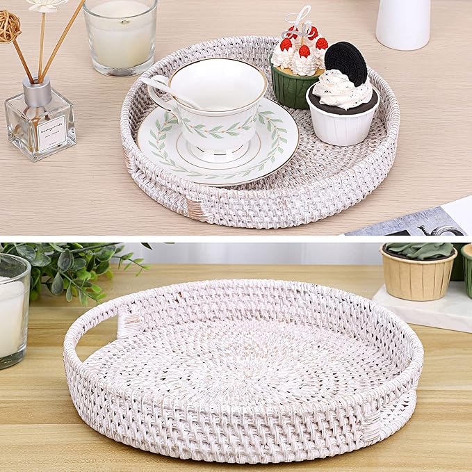 Hipiwe 10.4" Round Rattan Serving Tray with Handles - Handwoven Wicker Basket Storage Tray - Coffee Table Centerpiece - Home Decorative Basket - Whitewash
