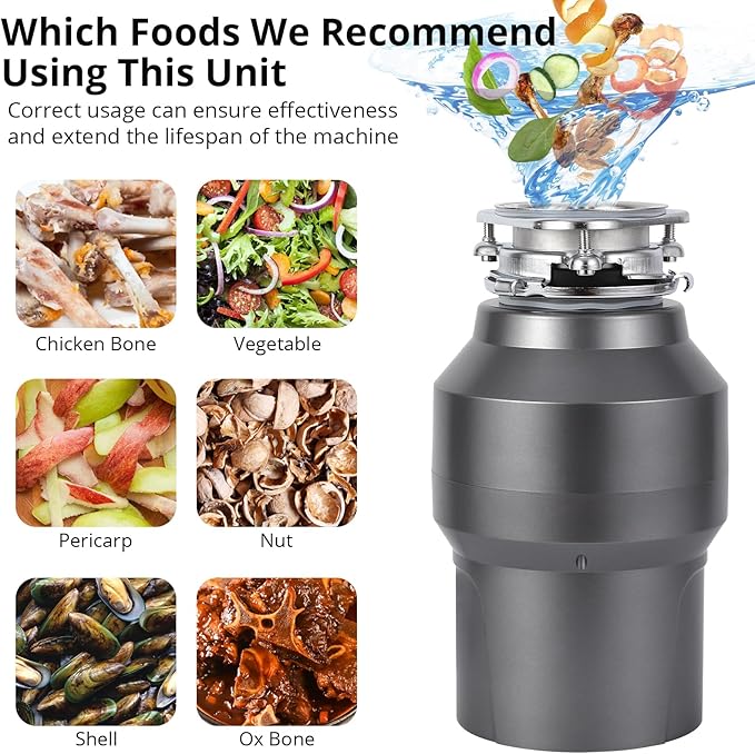 0.5HP 1/2HP Garbage Disposal, 380W 110V Continuous Feed Food Waste Disposer with 14 in Power Cord, 3500r/Min Food Waste Grinding System for Kitchen Sinks, Air Switch