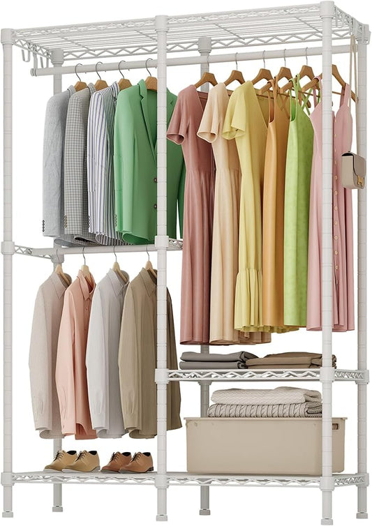 H18 Clothes Rack for Hanging Clothes, Heavy Duty Garment Rack, Portable Closet with Adjustable Shelves, Freestanding Wardrobe Closet for Bedroom Storage, White