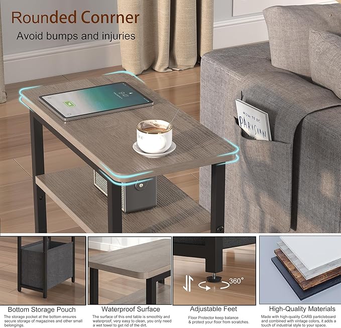 Narrow Side Table, Skinny End Tables with Fabric Basket, Small Side Tables for Small Space, 2-Tier Open Shelves with Basket, Slim Nightstands for Bedroom,Living Room,Office, Grey