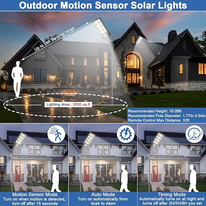 Solar Street Light, Solar Floodlights Outdoor Waterproof Motion Sensor 6500K Dusk to Dawn Light