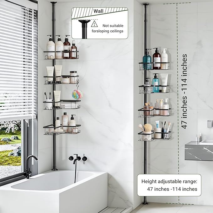 Corner Shower Caddy Tension Pole, 4-Tier Stainless Steel Rustproof Bathroom Shower Organizer，47-114Inch Height Adjustable Shower Shelves, No-Drill Required Black