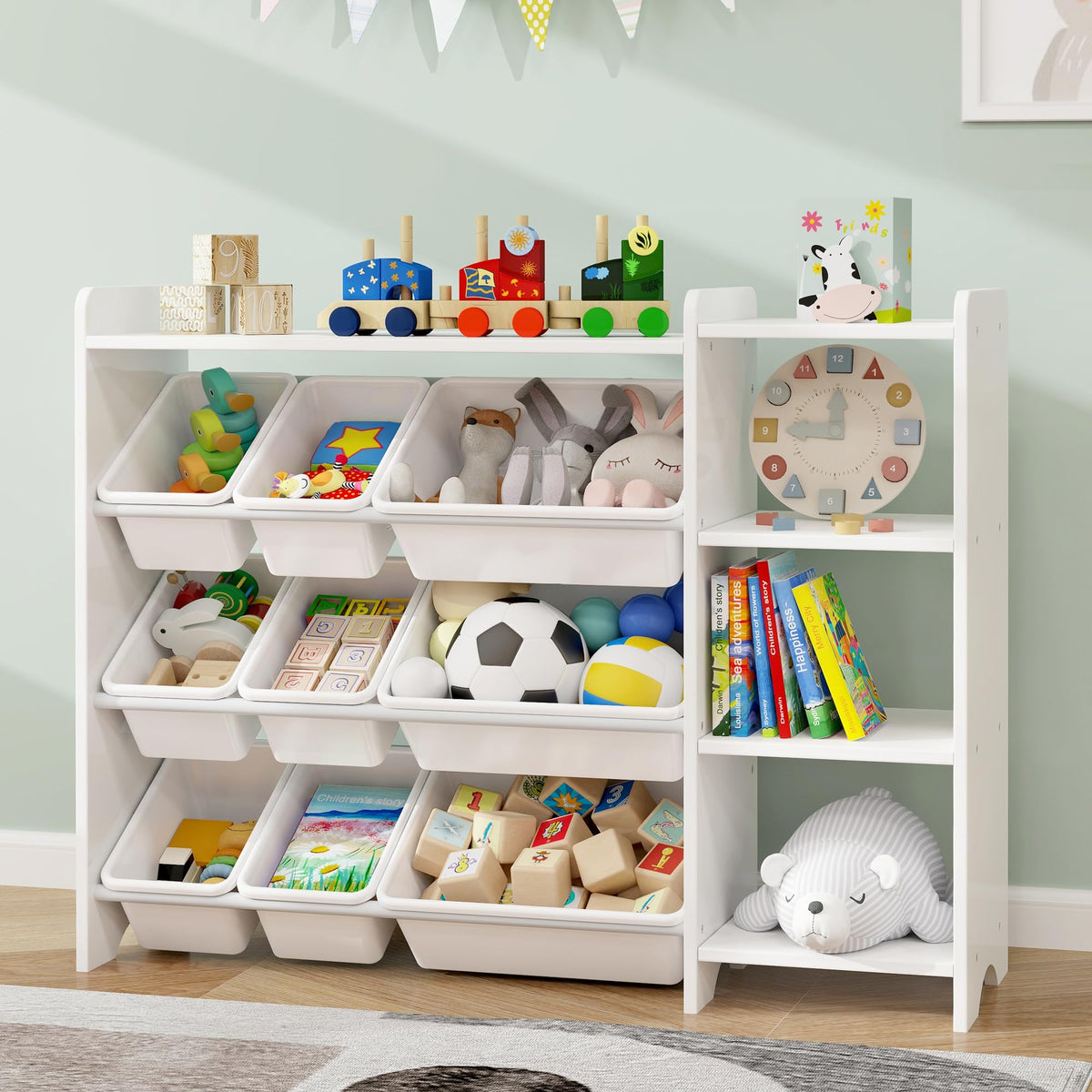 Kids Toy Storage Organizer with Bins, Solid Pine Wood - Image 1