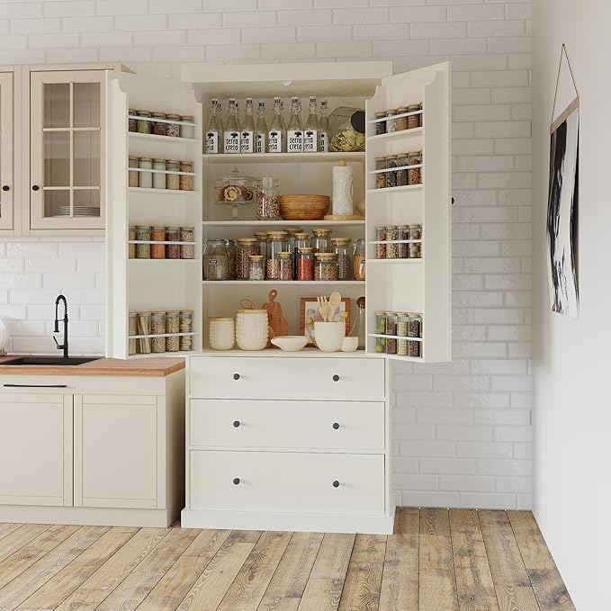 Merax 77" Tall Kitchen Storage Cabinet Pantry Freestanding Large Cupboard with 3 Drawers,3 Adjustable Shelves,8 Door-Shelf for Dining Room,Cream