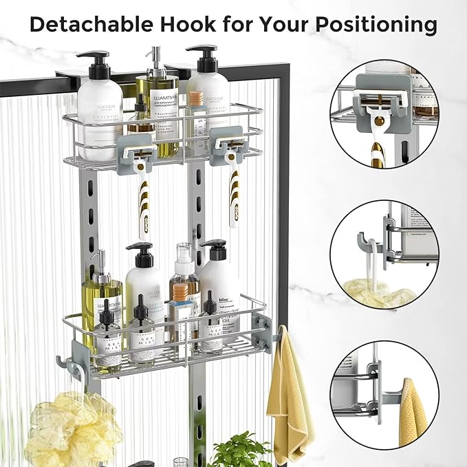 ODesign Over The Door Shower Caddy, 3-Tier Adjustable Hanging Shower Caddy with Soap Holder & 4 Hooks, Rustproof Bathroom Shower Organizer with Suction Cup,Shower Rack for Shampoo Razor, Slate-Grey