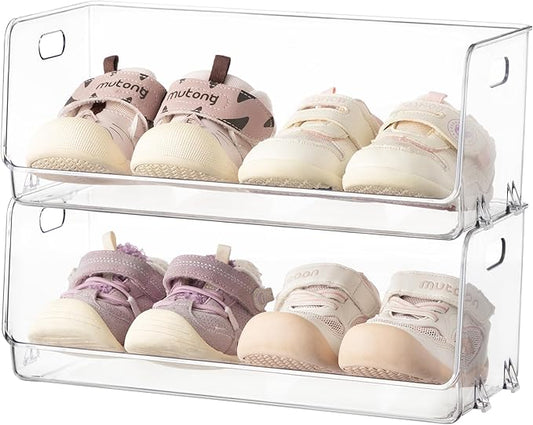 HBlife Clear Acrylic Kids Shoe Rack Baby Toddler Shoe Storage Organizer for Closet Floor Entryway Bedroom, 2 Tier Stackable Small Shoe Rack Shelf Display Stand