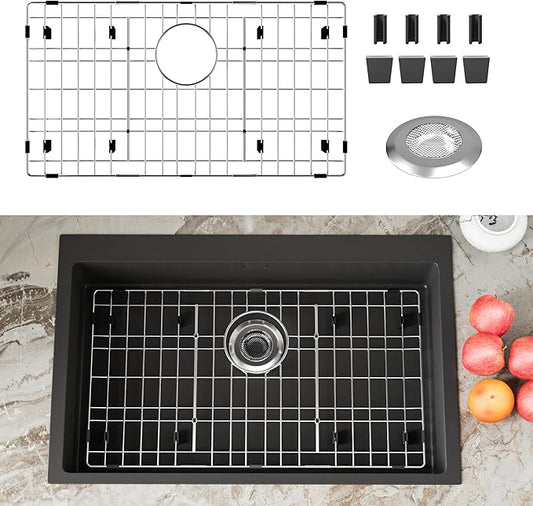 Stainless Steel Sink Protector 26-1/8" x 14-1/8" with Rear Drain, Metal Sink Rack for Bottom of Sink, Kitchen Sink Grate and Sink Protectors with Sink Strainer (26-1/8" x 14-1/8" - Rear Drain)
