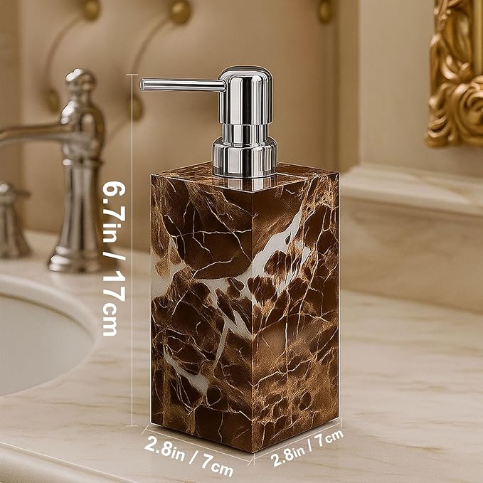 Real Natural Marble Soap Dispenser with Stainless Steel Pump Decorative Liquid Hand Soap Bottle for Kitchen Bathroom, Compatible with Lotion, Dish Soap Shower Gel (Coffee 1 Set)