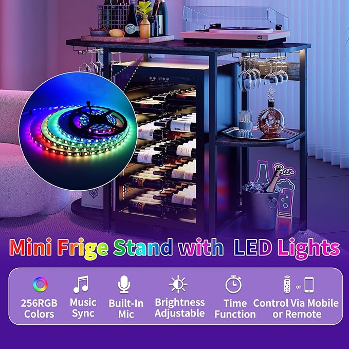 Mini Fridge Stand with Power Outlet and Led Light,Microwave Stand with Storage,Mini Fridge Cabinet with Wine Rack,Bar Cabinet with Fridge Suitable for Kitchen,Dining Room,Living Room,Black