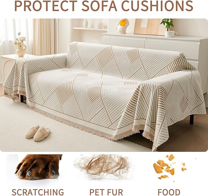 HAOMAIJIA Non Slip Couch Cover Sofa Covers for 3 Cushion Couch Washable sectional Couch Covers for Dogs pet Furniture Protector Couch Cover Blanket for Living Room (CQ-Khaki/Grey, 91"x134")