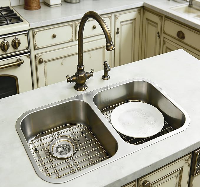 SANNO Gold Kitchen Sink Protectors Gird Sink Rack, 14.57" L X 11.2" W Bottom Grid with Rear Drain Hole for Double Sink, Stainless Steel, 2 Pack