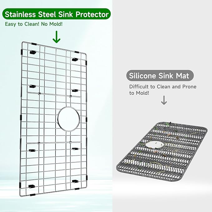 Stainless Steel Sink Protector 28-3/8" x 14-3/16" with Rear Drain, Metal Sink Rack for Bottom of Sink, Kitchen Sink Grate and Sink Protectors with Sink Strainer (28-3/8" x 14-3/16" - Rear Drain)