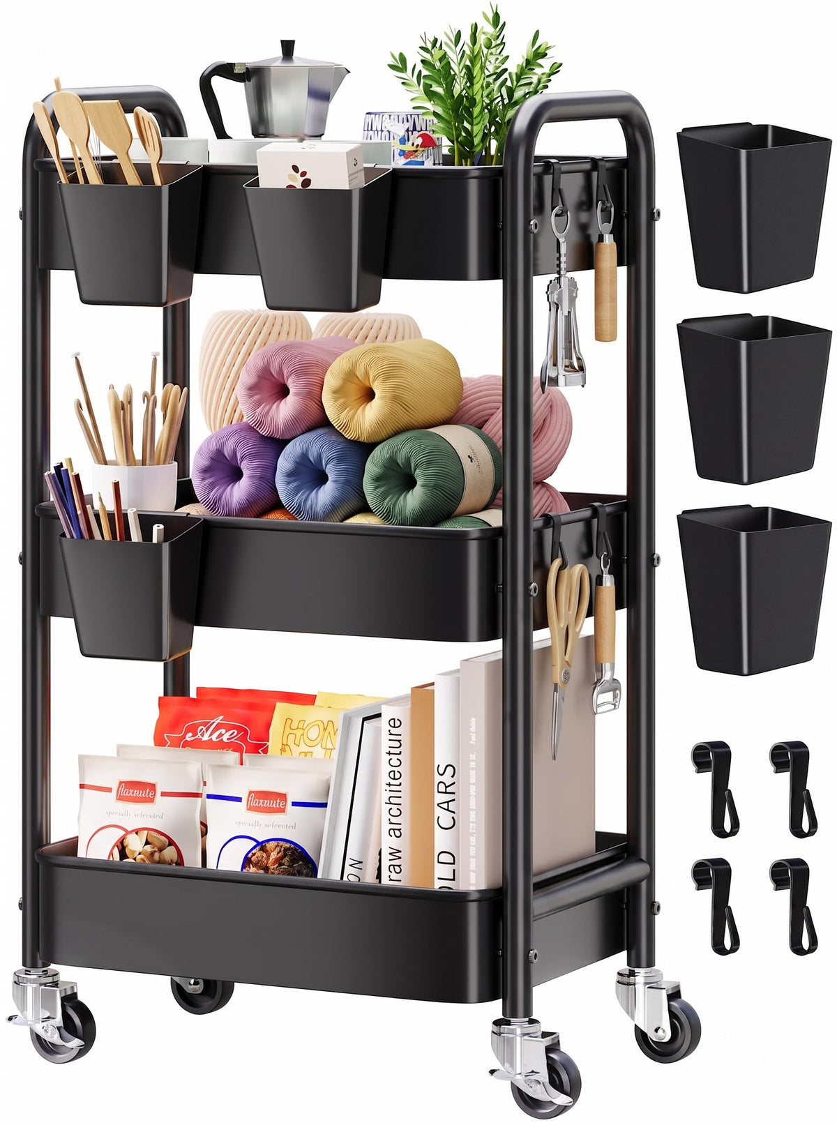 3 Tier Rolling Cart Metal with Wheels,Black Three Tiered Dorm - Image 1