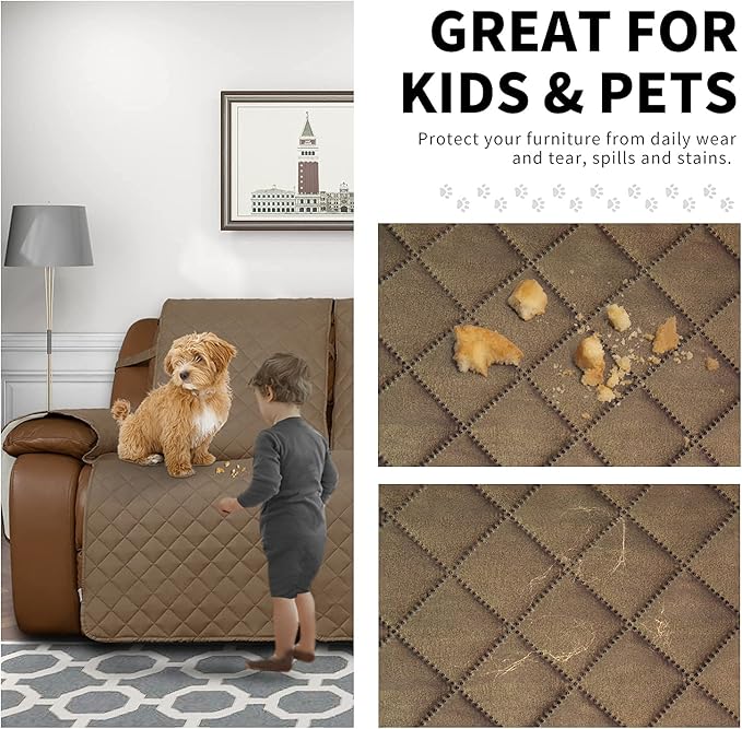 Easy-Going Oversized Loveseat Recliner Cover, Reversible Couch Cover for Double Recliner, Split Sofa Cover for Each Seat with Elastic Straps for Kids, Dogs, Pets(Oversized 2 Seater, Camel/Ivory)