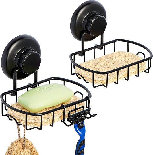 HASKO 2 Pack Suction Cup Soap Dish for Shower Wall, Rustproof Stainless Steel, Shower Soap Holder with Hooks, Includes Optional No Drill Adhesive Mount for Bathroom, 2 Soap Savers, Black