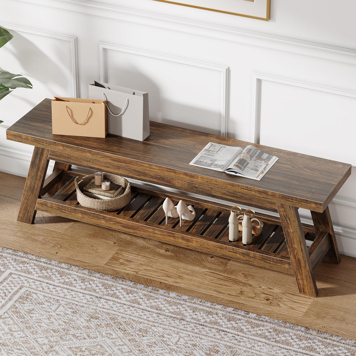 Tribesigns 55" Entryway Bench with Shoe Storage, Wood Bench Seat - Image 1
