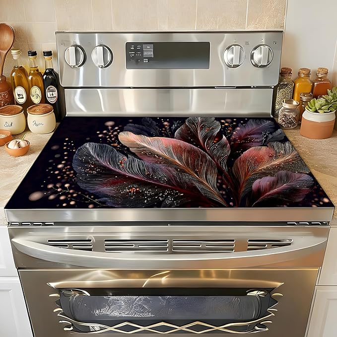 Stove Top Covers for Electric Stove, Greaseproof Cooktop Guard, Spill-Control Worktop Pad, Washable Countertop Cover, 28.3 x 20.5 Inches, Feather Art Decor(Feather)