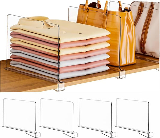 Clear Acrylic Shelf Dividers for Closet Organization - 4 Pack Closet Shelf Divider for Sweatshirt,Towel,Bag,Purse,Clothing,Sweater Organizer,Plastic Dividers and Separators for Shelves and Bedroom