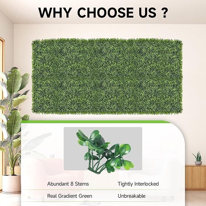 Artificial Grass Wall Panels, 8 PCS 20x20 inch Boxwood Hedge Wall Panels with 100 Zip Ties, Boxwood Panels Backdrop for Outdoor Indoor Decorative Garden Fences Backyard Patio Privacy Hedge