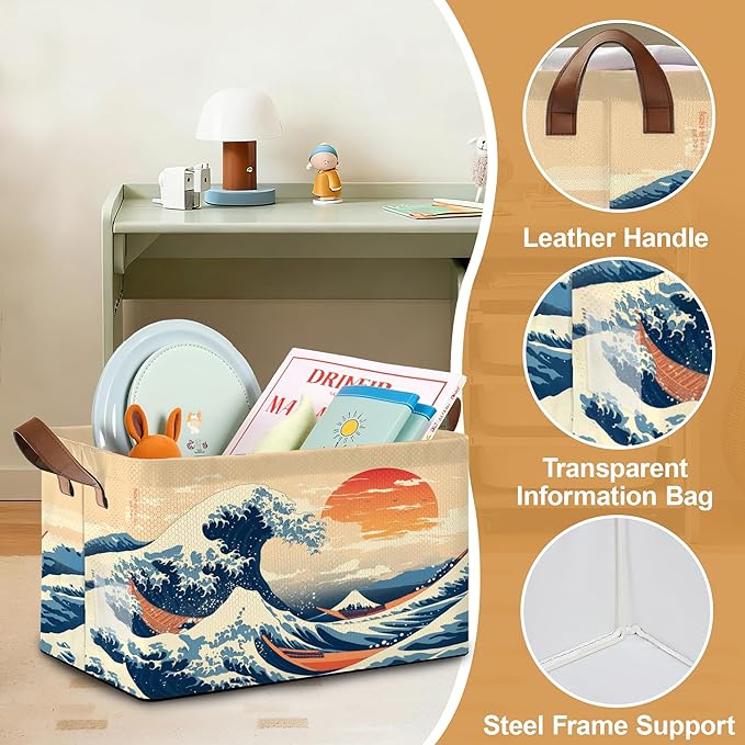 Decorative 32L Japanese Waves Storage Bins with Handles, Organization and Storage, Cube Storage Organizer for Hamper, Nursery