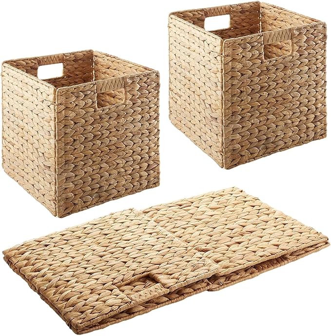 10.5x10.5in Storage Baskets Set of 5 Water Hyacinth Baskets,Foldable Handwoven Storage Cubes,Wicker Cube Baskets Laundry Organizer Totes for Bathroom, Bedroom, Laundry, Pantry, Shelves