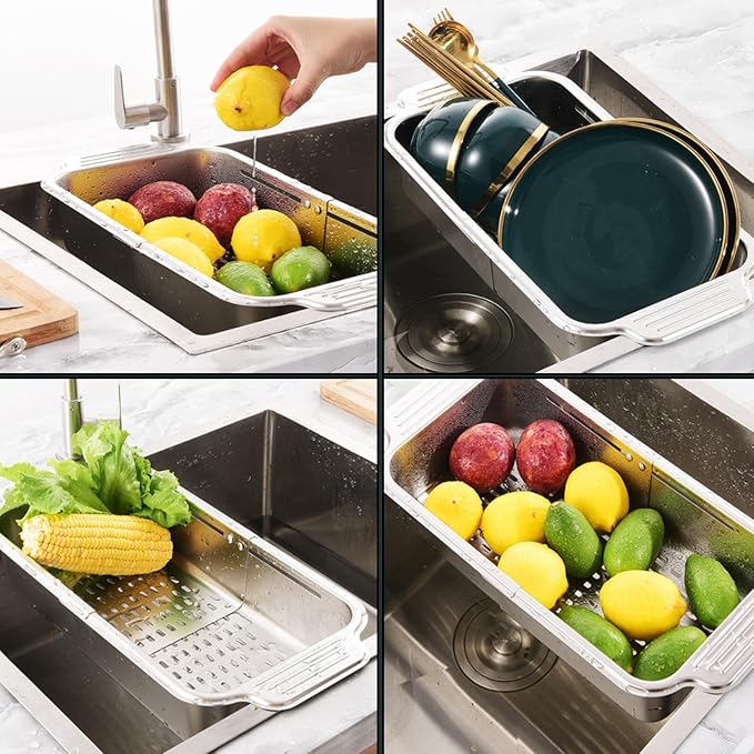 Stainless Steel Extendable Colander Strainer, Metal Washing Basket for Vegetable and Fruit, Easy to Clean, Drain Quickly (S)