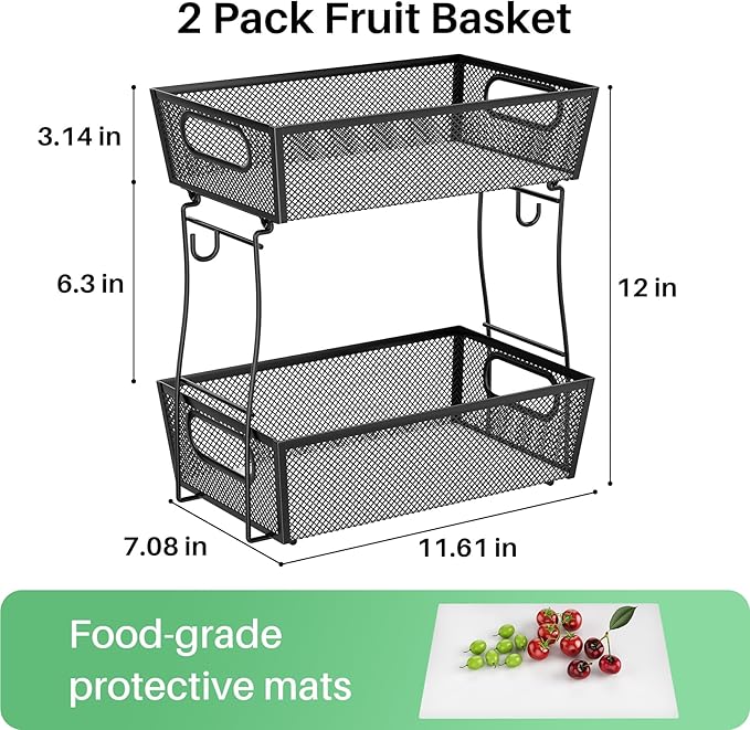 2 Tier Fruit Basket Bowl for Kitchen Counter with 2 Banana Hangers, Countertop Metal Mesh Basket Stand Fruit Holder for Veggies Onion Potato Bread Snack, 2 Pack